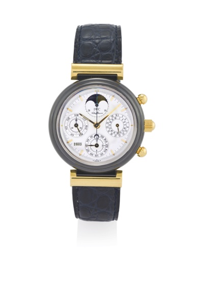 IWC REF 3755, DA VINCI CERAMIC AND GOLD.IWC, (International Watch Co.), Schaffhausen, Da Vinci, case No. 2389319, Ref. 3755..Made circa 1987. Very fine and rare, self-winding, water-resistant, 18K yellow gold.and ceramic wristwatch with round b
