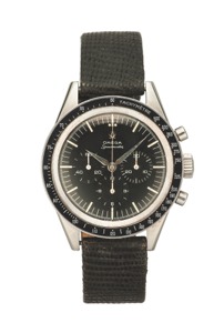 OMEGA REF.105.002 SPEEDMASTER STEEL. Omega, “Speedmaster,” No. 19832747, Ref. 105.002.. Circa 1962.. Fine and rare, water-resistant, stainless steel wristwatch with. round button chronograph, registers and tachometer.