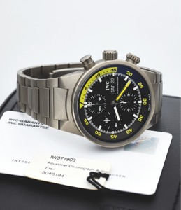 IWC REF. 3719 AQUATIMER. CHRONO-AUTOMATIC TITANIUM. International Watch Co., Schaffhausen, “Aquatimer - Chrono -. Automatic,” case No. 3046184, Ref. 3719. Made in 2003, sold July. 20th, 2004.. Fine, large, self-winding, water-resistant, titanium diver’s. 