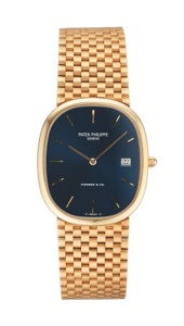 PATEK PHILIPPE REF. 3747/1. ELLIPSE RETAILED BY TIFFANY YELLOW GOLD. Patek Philippe, Genève, No. 1583891, case No. 1583891. Ref. 3747/1 retailed by Tiffany. Made circa 1987.. Very fine and rare, oval, 18K yellow gold quartz. wristwatch with an integral 18