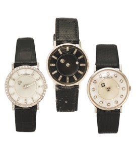 SET OF 3 MYSTERY WATCHES WHITE GOLD. A) Le Coultre, “Mystery”, cased by Le Coulter in USA, No. 1904115, case No. 798678. REF. 182. Made in the 1950s. Fine and unusual, 14K white gold and diamond wristwatch.. B) Le Coultre, “Mystery”, cased by Le Coulter i