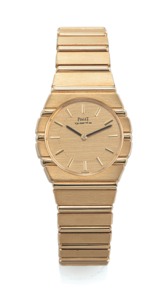 PIAGET REF. 761 C 701 POLO YELLOW GOLD. Piaget, “Polo’’, case No. 391239, Ref. 761 C 701. Made in. the 1980’s.. Fine, tonneau-shaped, water-resistant, 18K yellow gold. quartz wristwatch with an 18K yellow gold integral Piaget. link bracelet.