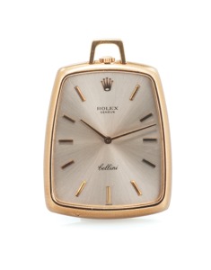 ROLEX REF. J3727 CELLINI YELLOW GOLD. Rolex, Genève, Cellini, case No. 2963002, Ref. J3727.. Made in the 1970.. Fine and elegant, thin, tonneau-shaped, 18K yellow gold pocket. watch. Accompanied by Rolex pouch
