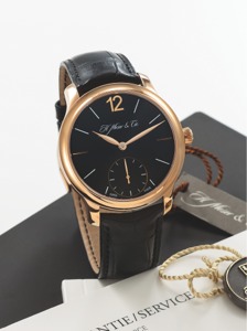 H. MOSER & CIE MAYU PINK GOLD. H. Moser & Cie, ‘Mayu’ No. 200106664. Made circa 2011.. Very fine, 18K pink gold, water resistant wristwatch with 80. hours power reserve, gold escapement and an 18K pink gold H.. Moser & Cie buckle. Accompanied by a H. Mose