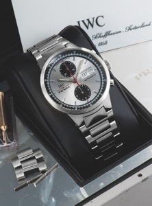 IWC For Prada GST Chronograph. International Watch Co., Schaffhausen, “Prada - GST. Chronograph, Automatic”, No. 815/2000, case No. 2936000. Ref. 3708. Made in a limited edition of 2000 examples in 2002. in honor of Prada’s participation in the 2003 Ameri