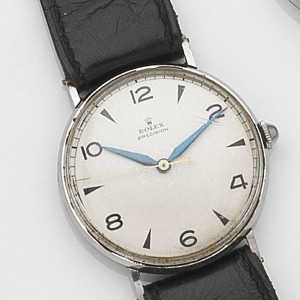 Precision, Ref:4061, Case No.055137, Circa 1945 17-jewel manual wind movement, silvered dial with black arrow and Arabic numeral hour markers, black outer minute track with five minute markers, blued steel dagger hands with polished centre seconds, brushe