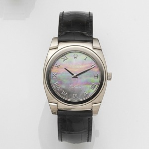 Cellini Cestello, Ref:5320, Serial No.K65****, Circa 2001 20-jewel Cal.1602 manual wind movement adjusted to 4 positions, black mother of pearl dial with applied polished Roman numerals, polished lance hands, polished tonneau shaped case with snap on back
