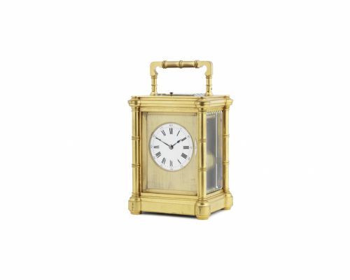A late 19th century French gilt brass grande sonnerie carriage clock