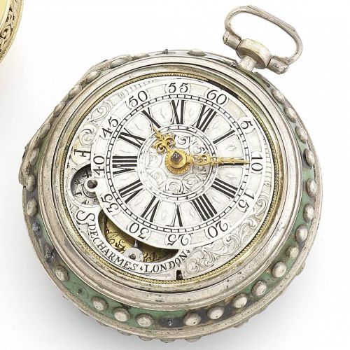 Simon De Charmes. A rare early 18th century tortoiseshell pair case pocket watch