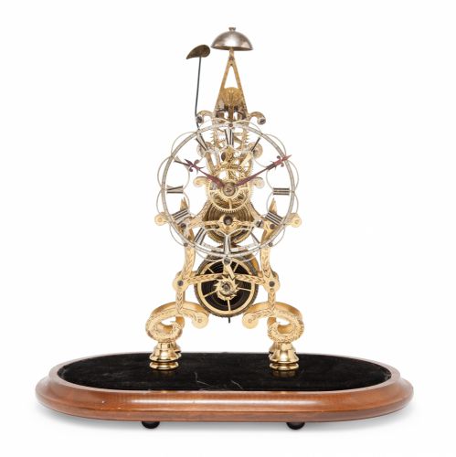 An English engraved brass skeleton timepiece