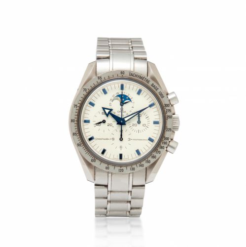 Omega. A stainless steel chronograph wristwatch with date and moon phase with bracelet