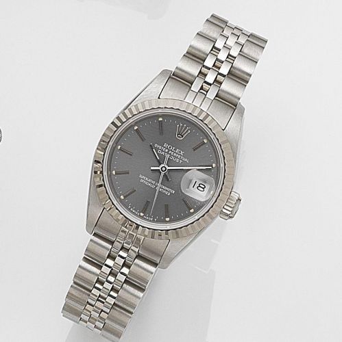 Rolex. A lady's stainless steel automatic calendar bracelet watch