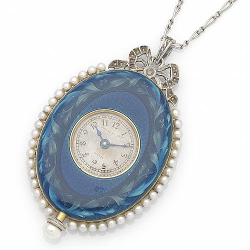 Swiss. An enamel, seed pearl and diamond set manual wind watch pendant