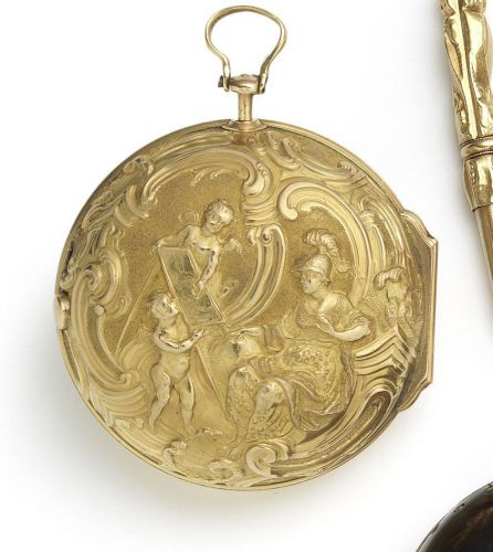 Royam, London. A mid 18th century 22ct gold key wind repoussé pair case pocket watch