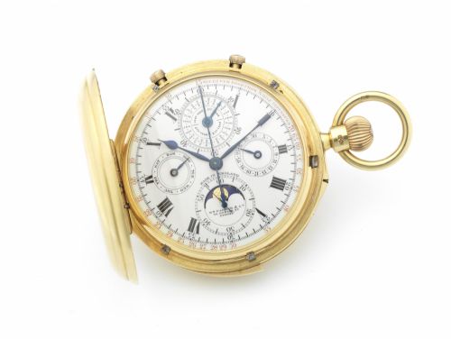Nicole Nielson & Co. A very fine and very rare 18ct gold perpetual calendar 'split seconds' full hunter minute repeating chronograph pocket watch with moonphase
