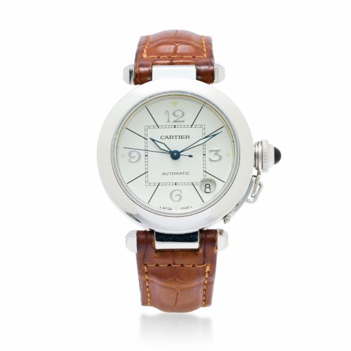 Cartier. A fine 18K white gold automatic center seconds wristwatch with date