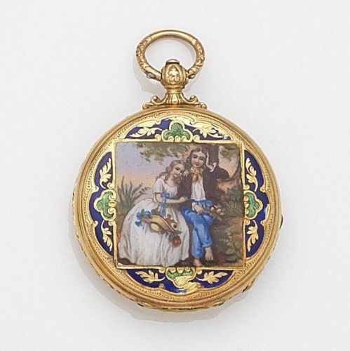 Swiss. A continental gold and enamel decorated key wind open face fob watch