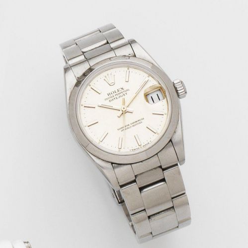 Rolex. A lady's stainless steel automatic calendar bracelet watch