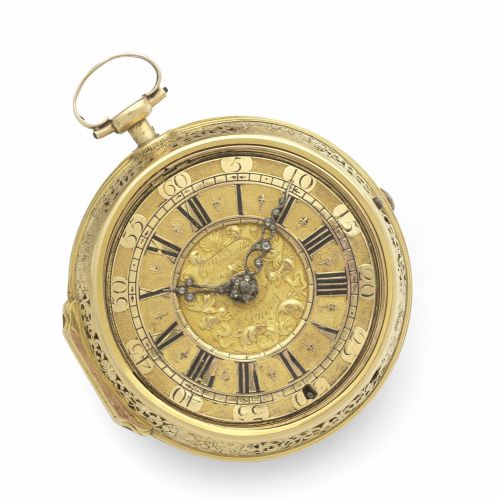 Joseph Windmills, London. An 18ct gold keyless wind pair case clock watch with trip repeat