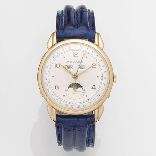 Movado. An 18k rose gold manual wind triple calendar wristwatch with moon phase