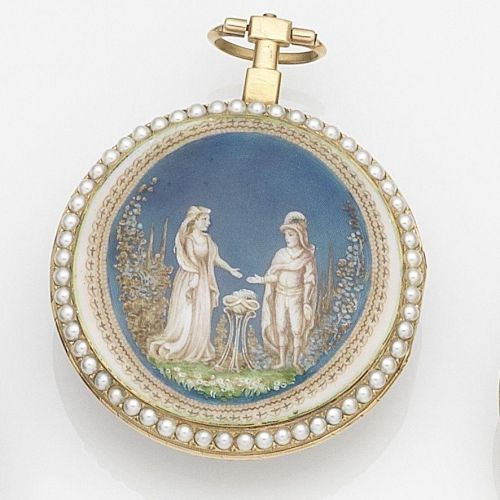 Gregson, A Paris. A fine continental gold and seed pearl set key wind open face pocket watch with enamel decoration