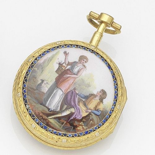 Covelle & Romilly, A Geneve. A continental gold key wind open face pocket watch with enamel decoration