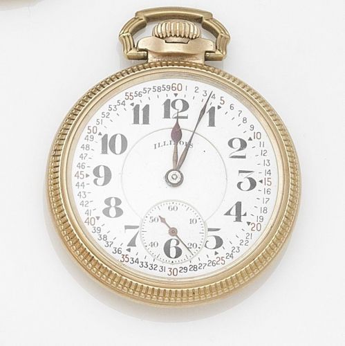 Illinois Watch Co. A gold plated keyless wind open face pocket watch