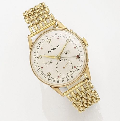 Movado. An 18k rose gold manual wind calendar bracelet watch