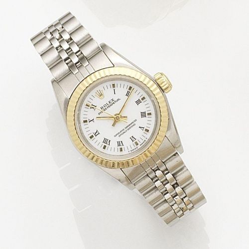 Rolex. A lady's stainless steel and gold automatic bracelet watch