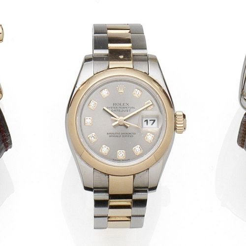 Rolex. A lady's stainless steel and rose gold automatic calendar bracelet watch