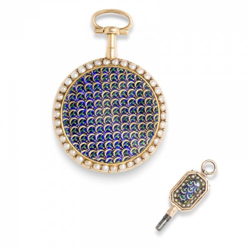 Gregson à Paris. A fine enameled gold and pearl verge watch with matching key