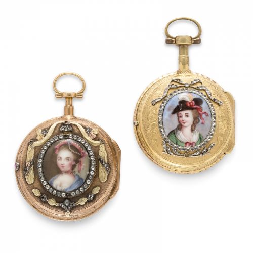 Two good Swiss verge watches set with brilliants and portrait miniatures