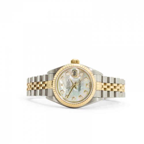 Rolex. A fine steel and gold lady's automatic bracelet watch with mother of pearl dial and diamond numerals and with box, certificate and a watch winder