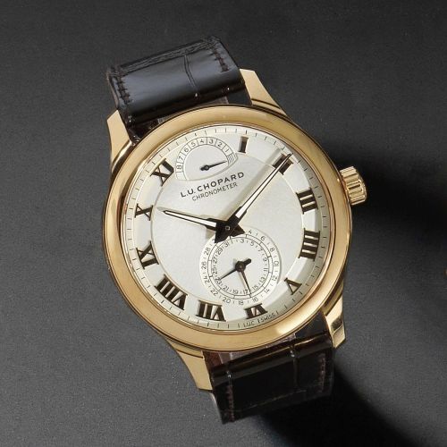 L. U. Chopard. An 18K rose gold manual wind calendar wristwatch with 8 day power reserve