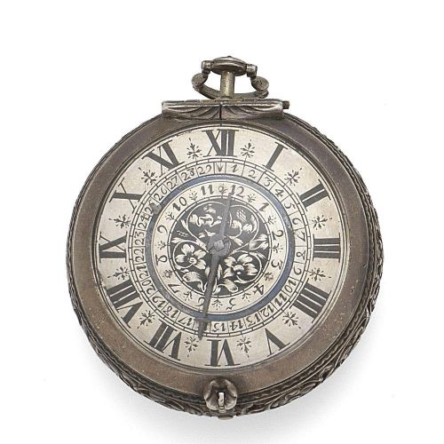 Martinot au Bros, Rouen. A fine silver key wind open face calendar watch with alarm