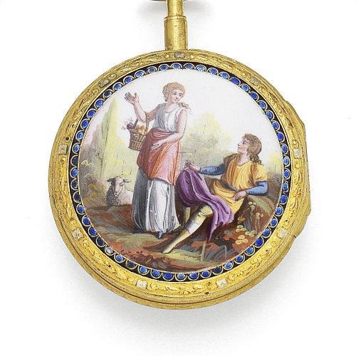 Covelle & Romilly, A Genève. A gilt metal key wind open face pocket watch with enamel decoration