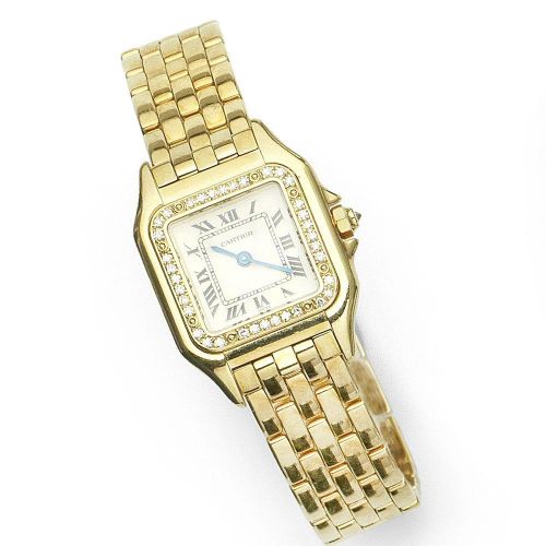 Cartier. A lady's 18K gold and diamond set quartz bracelet watch