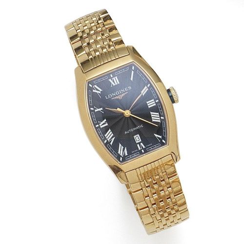 Longines. A lady's 18K rose gold automatic calendar tonneau bracelet watch