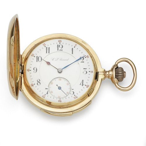C. L. Guinand. A 14k gold keyless wind minute repeating full hunter pocket watch