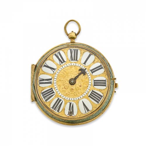 Martinot à Paris. An unusual shagreen and gilt metal oignon watch with mock pendulum and enamel portrait