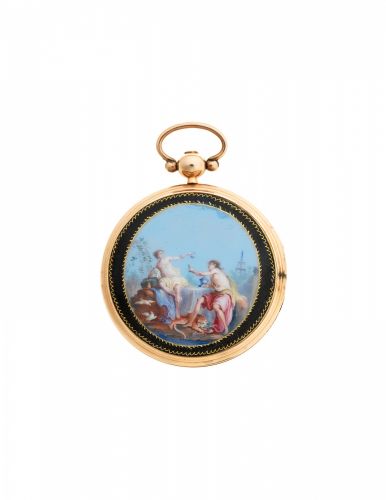 Robin a Paris. A fine gold key wind open face pocket watch with enamel scene to reverse
