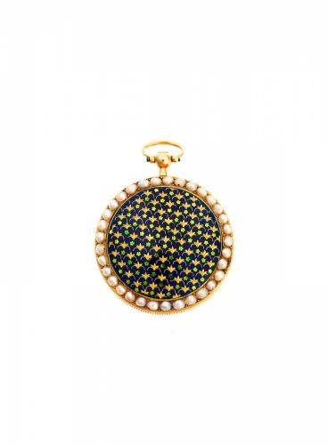 Bordier Freres, Geneve. A slim gold and enamel key wind open face pocket watch set with split pearls