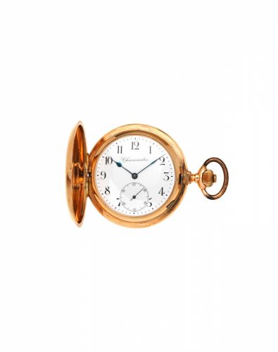 Chronometre. A 14K gold keyless wind full hunter pocket watch with pivoted detent escapement