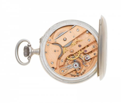 K. K. Fachschule, Karlstein. A rare and unusual silver keyless wind open face pocket watch school masterpiece
