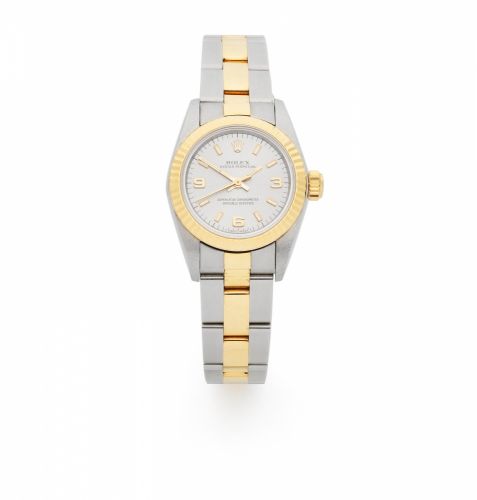 Rolex. A lady's stainless steel and gold automatic bracelet watch