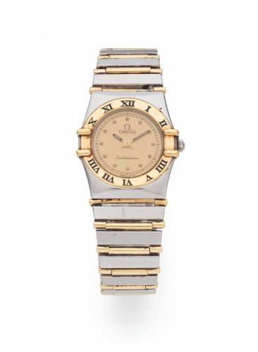 Omega. A lady's stainless steel and gold quartz bracelet watch