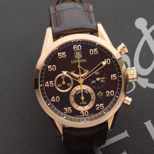 TAG Heuer. A fine Limited Edition 18K rose gold automatic 100th second chronograph wristwatch