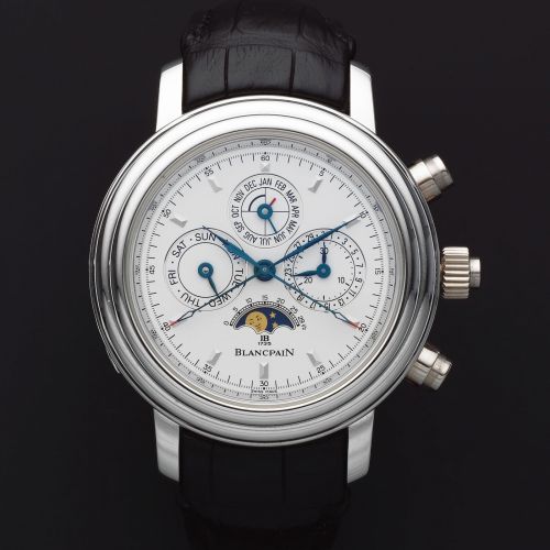 Blancpain. A unique and exceptionally fine platinum automatic tourbillon minute repeating perpetual calendar split second chronograph wristwatch with moonphase and power reserve