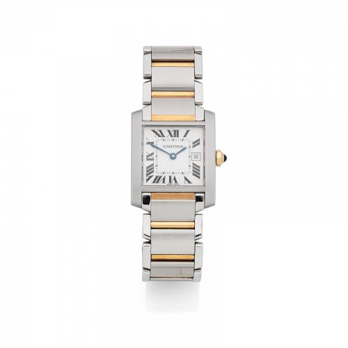 Cartier. A lady's stainless steel and gold quartz calendar bracelet watch