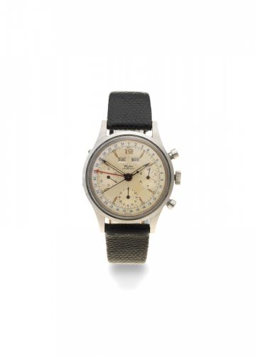 Wyler. A stainless steel manual wind triple calendar chronograph wristwatch